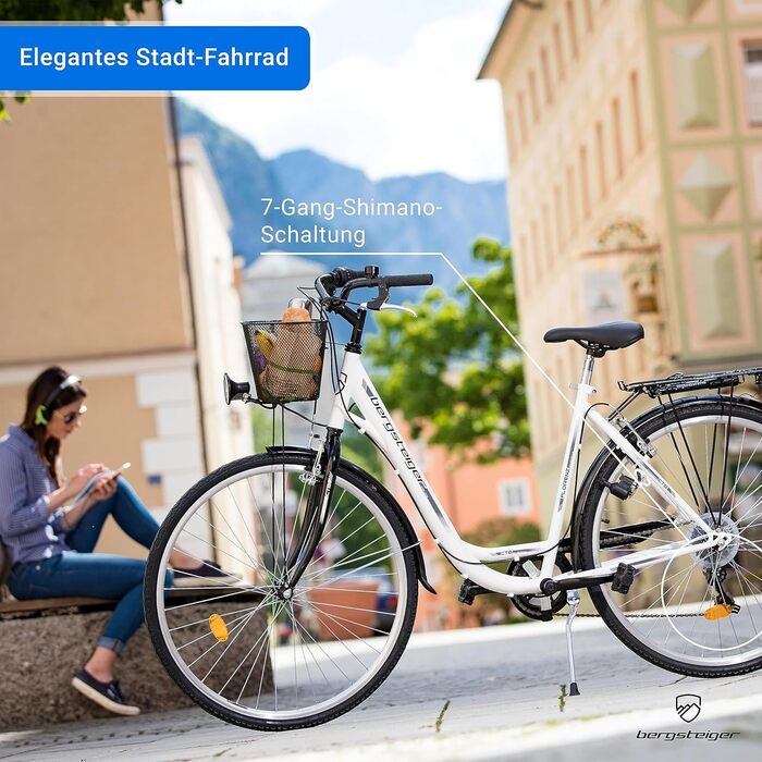 Жіночий велосипед Bergsteiger Florenz 28 дюймів з кошиком, ліхтарями та передачами, підходить для зросту від 160 см, жіночий велосипед із 7-швидкісними передачами, ретро жіночий велосипед, чорний