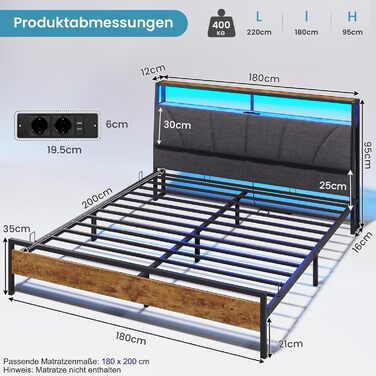 Ліжко 180x200 з металевою рейковою основою, двоспальне ліжко 180x200 см зі світлодіодним підсвічуванням, каркас ліжка 180x200 см з узголів&39ям та зарядною станцією (2 розетки змінного струму, 2 USB-порти) Сучасне, сіро-сірий 180x200 см