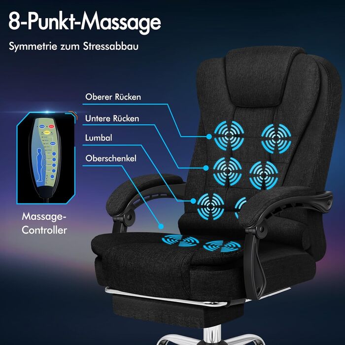 Офісне крісло ALFORDSON з функцією масажу, ергономічний дизайн з великою подушкою сидіння, поперекова підтримка, коліщатка для плавного пересування в офісі, чорний колір, лляна тканина Elias - чорний (льон) серія Elias