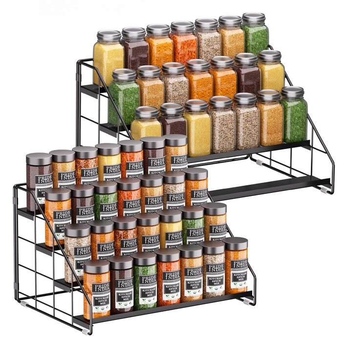 Рівнева підставка для спецій, не потребує свердління, регульована підставка для спецій, сходи для спецій, шафа для спецій, зберігання спецій для кухні, стільниці, комори (чорна, 2 шт.) XXL, 4-