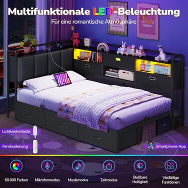 Диван-ліжко зі світлодіодним освітленням та зарядною станцією (2 розетки змінного струму 2 USB-порти), дитяче ліжко 90x200 см з 6 шухлядами, кушетка 90x200 см, м&39яка спинка з прихованим місцем для зберігання речей