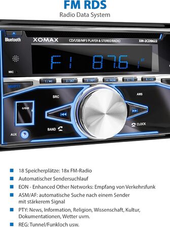 Автомагнітола XOMAX XM-2CDB622 з програвачем компакт-дисків, Bluetooth, радіотюнер RDS, 7 кольорів з регулюванням (червоний, синій, зелений, жовтий, фіолетовий, білий, бірюзовий) USB, SD для MP3 WMA, AUX, 2 шт. роз'єм для сабвуфера, 2DIN