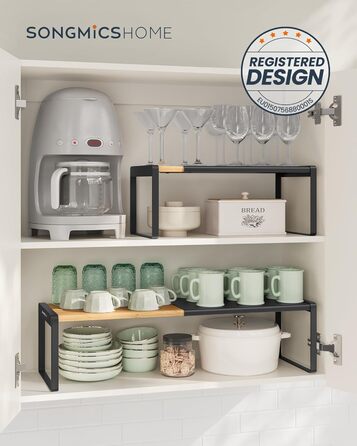 Стійка для спецій, набір з 2 шт. , висувна, кухонний органайзер, кухонна полиця, органайзер для шафи, тримач для спецій, кухня, невелика полиця, штабелюється, настільний органайзер, натуральний бежевий-чорний KCS051B01 2 натуральний бежевий чорнильний