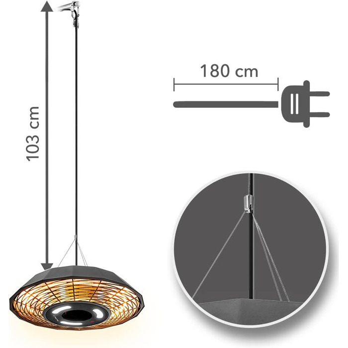 Інфрачервоний стельовий обігрівач TROTEC IR 2010 SC 2000 Вт, круговий обігрів 360, світлодіодне освітлення, захист від атмосферних впливів IP45, пульт дистанційного керування, алюмінієвий корпус, для патіо та ресторанів, 2000 Вт, чорний