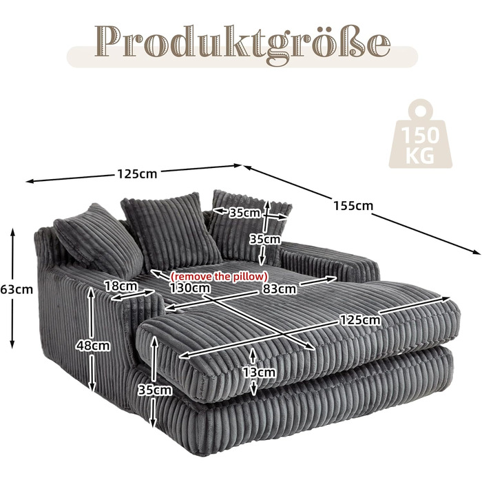 Розкладний диван ZYLOYAL10 Corduroy Cloud з 3 м&39якими подушками, зручний одномісний підлоговий диван для вітальні, квартири, офісу (темно-сірий)