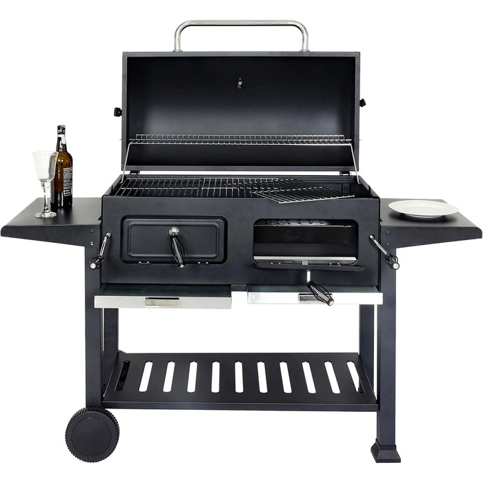 Мангал HWC-K94, візок для барбекю BBQ садовий з кришкою-поличкою, емальована сталь 110x153x60см чорний