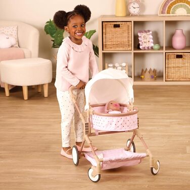 Коляска для ляльок-близнюків для ляльок 36 см - Коляска для ляльок зі складним дахом - рожева із золотими зірками - Аксесуари для