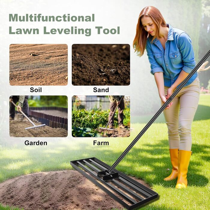 Гребінь-рівняльник для газону 75x25 см з регульованою ручкою (213 см) та антиковзким покриттям, міцний інструмент для вирівнювання газону. Ідеально підходить для саду та подвір'я, чорний колір.