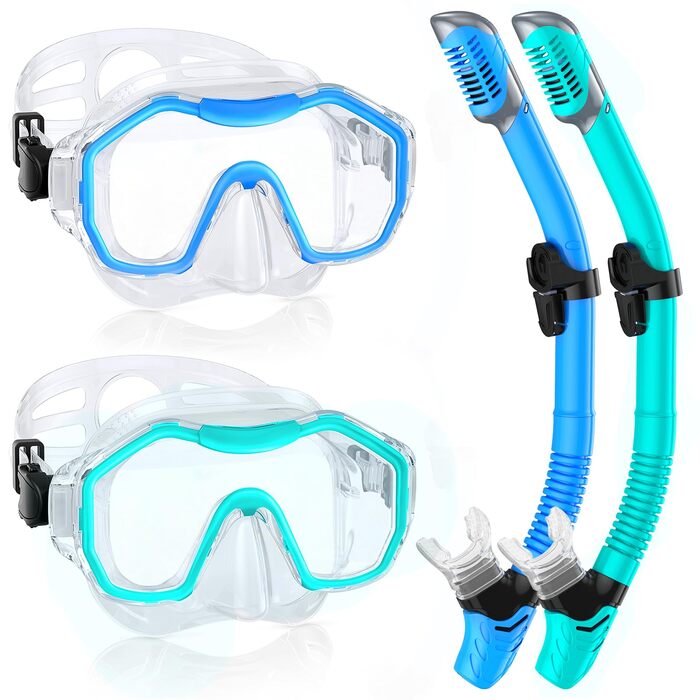 Набір для дорослих з маскою для снорклінгу, комплект з 2 предметів, комплект для снорклінгу з панорамною маскою для снорклінгу та сухим снорклінгом, водонепроникна маска для дайвінгу з загартованого скла для дайвінгу, снорклінгу, плавання, прозорий синьо-