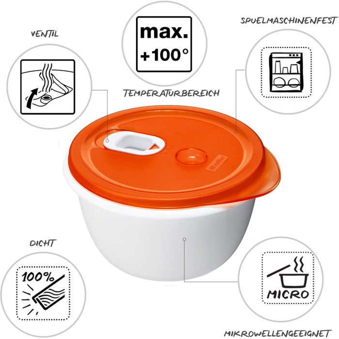 Контейнер для мікрохвильової печі Rotho Micro Clever 1.6л з кришкою та вентиляційним отвором, пластик (PP) без BPA, червоно-білий, 1.6л (19.0 x 19.0 x 10.5 см)