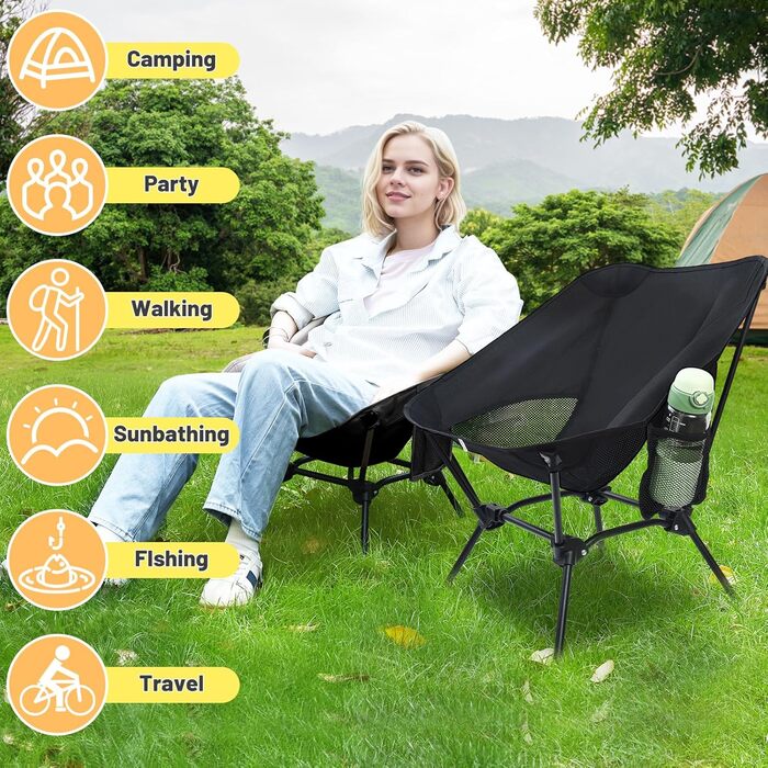 Складаний кемпінговий стілець, надлегкий маленький складний стілець, регульована висота, з боковими кишенями, компактний кемпінговий стілець для пікніків, риболовлі, садівництва, пішого туризму, спорту, активного відпочинку, походів, чорний - 2 шт.
