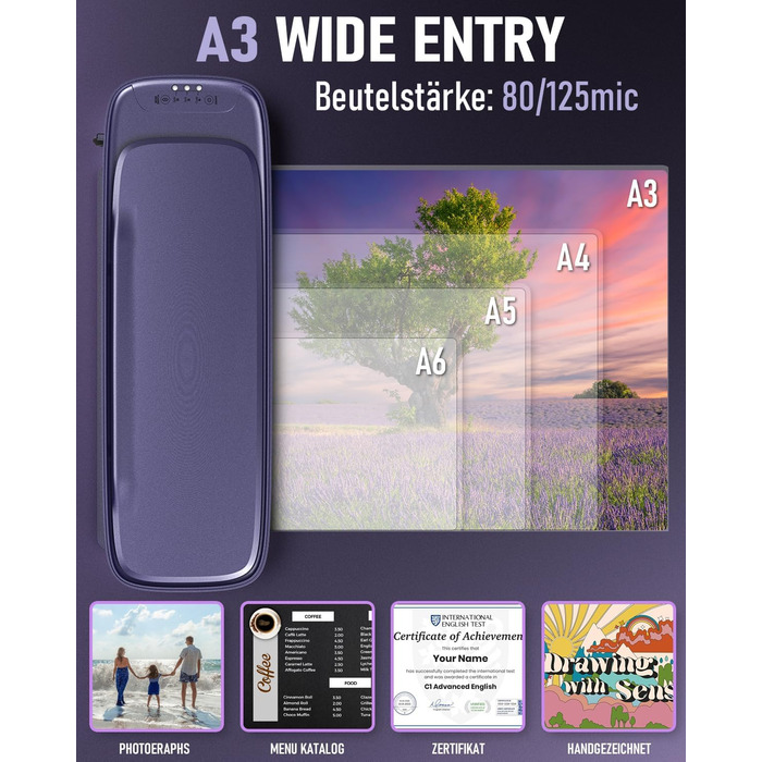 Ламінатор A3 з 30 ламінувальними пакетами, гарячий та холодний ламінатор для паперів A3, A4, A5 та A6, ламінатор 9-в-1 з різаком для паперу та закруглювачем кутів, ламінатор для школи, дому, офісу та файлів (фіолетовий)