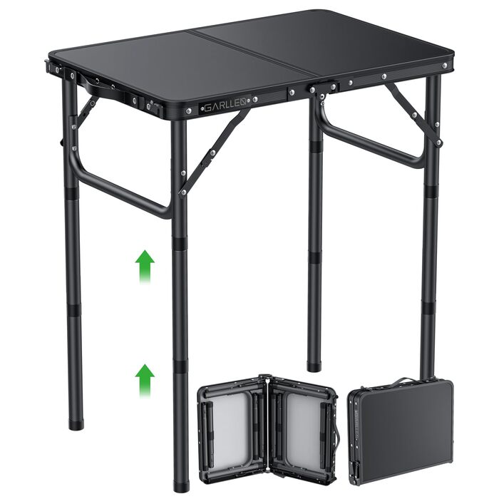 Складаний кемпінговий стіл GARLLEN, 58x40 см та 3 регульовані висоти (26/48/70 см), портативний бічний столик, стіл для барбекю, садовий стіл, стіл для пікніка для кемпінгу, пікніків та використання в саду (чорний) Чорний 58 x 40 x 26/48/70 см