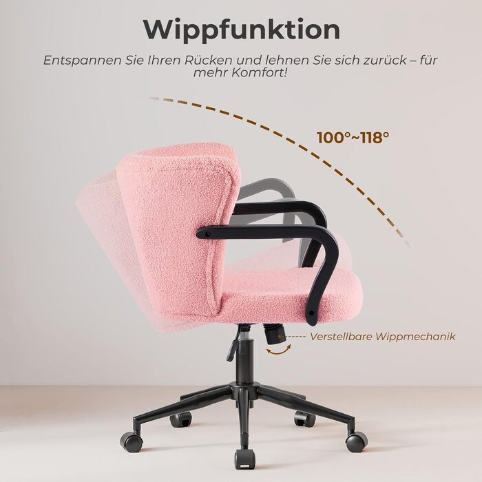 Крісло для офісу з регульованою висотою, ергономічне офісне крісло з високою спинкою та підлокітниками, обертове крісло з крилами спинки, крісло для туалетного столика, крісло для туалетного столика з колесами, рожева тканина шерпа