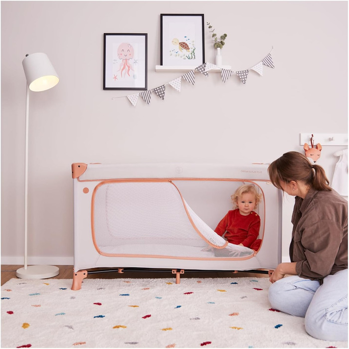 Дитяче дорожнє ліжечко з сумкою для перенесення - Великий отвір для гри - Компактно складається - Дитяче дорожнє ліжечко для малюків від народження до 15 кг Dream N Play Plus Dusty Blue