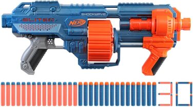 Бластер Nerf Elite 2.0 Shockwave RD-15, 30 дротиків Nerf, обертовий барабан на 15 дротиків, швидкий вогонь з помповим механізмом, з можливістю розширення, упаковка без розчарувань