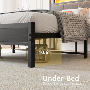 Ліжко 120x200 см, каркас ліжка із зарядною станцією, міцне металеве ліжко з дерев&39яним узголів&39ям для зберігання та тканиною, гостьове ліжко, двоспальне/односпальне ліжко, каркас ліжка для гостьової кімнати, металеве з рейковою основою, чорне, 120 x 2