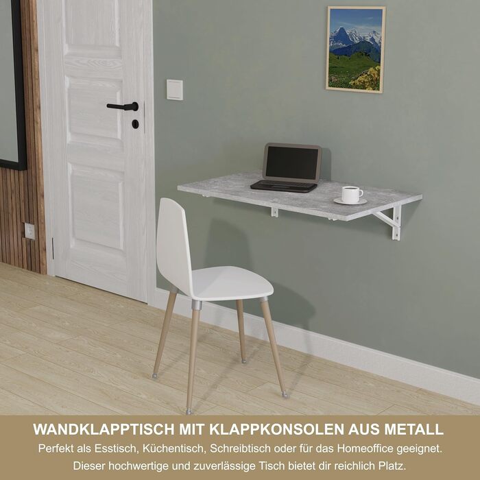 Настінний розкладний стіл KDR 80x50 см, під бетон Складаний стіл для настінного монтажу як обідній стіл, письмовий стіл, кухонний стіл або робоча зона Компактний та універсальний, сірий