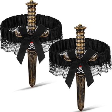 Набір з 2-х стрічок для панчох WEITAPYT Halloween, з бантом та піратським кинджалом, чорна мереживна, еластична
