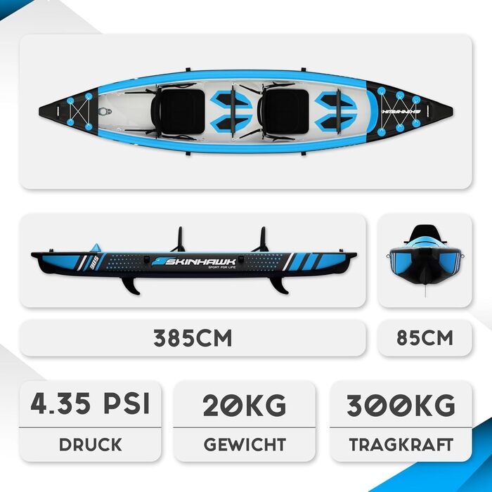 Надувний човен, Каное, Каяк для пригод 385 x 85 см, В комплекті сумка, насос, сидіння та алюмінієве весло, 385 Blue