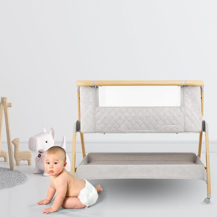 В-1 приліжкове ліжечко/дитяче ліжечко та дорожнє ліжечко з матрацом - 7-рівневе регулювання висоти, знімна бічна панель, 4 транспортні колеса, для дітей вагою до 9 кг, 3-