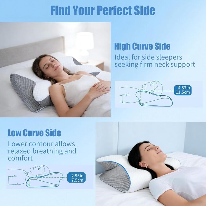 Ортопедична подушка для шиї з піни з ефектом пам&39яті, ергономічна 3D-підтримуюча подушка для шиї для сну на спині та на боці, регульована висота подушки 60357,5/11,5 см, дихаюча чохол, який можна прати