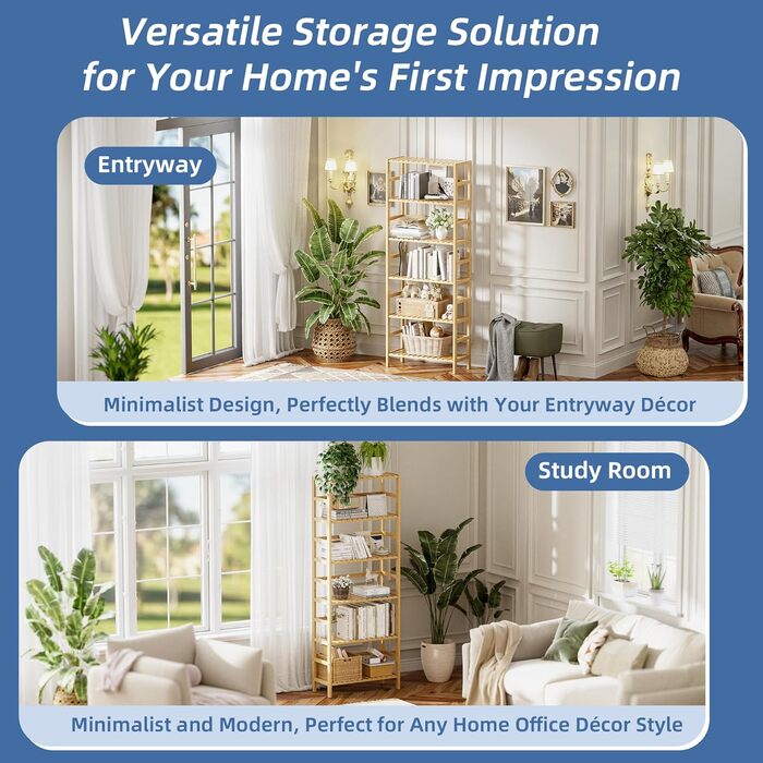 Рівнева книжкова полиця HITNET, полиця для ванної кімнати, висока окремостояча бамбукова полиця з регульованими полицями, полиця для дисплея та рослин для житлового простору, натуральний колір, 6-