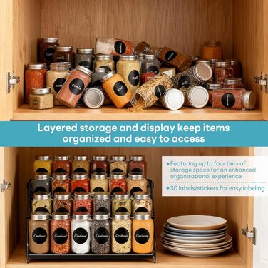 Рівнева підставка для спецій, регульована по висоті без свердління, металева підставка для спецій для кухні та шафи, з етикетками та ручкою, 4-