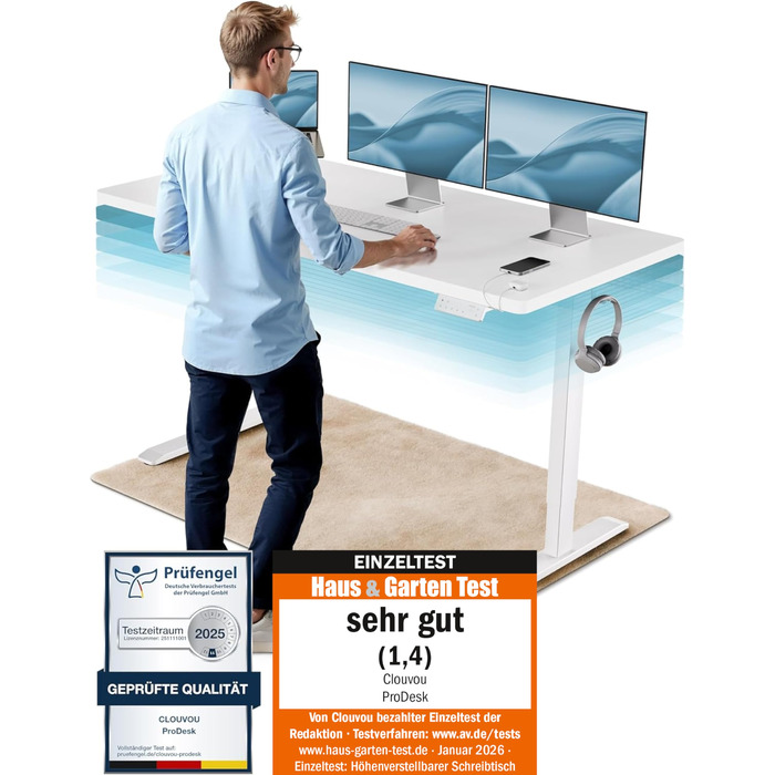 Стіл ProDesk з регульованою висотою 140x70 см з електричним інтелектуальним керуванням, функцією пам&39яті та організацією кабелів Плавне регулювання висоти 72-120 см (білий метал/біле дерево) білий білий, ширина 140 см