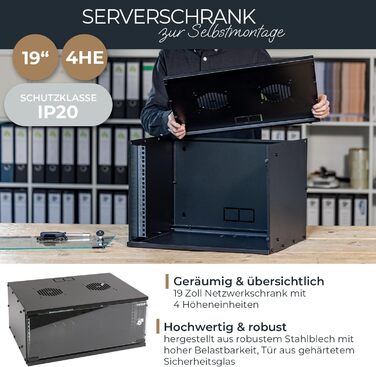 Мережева шафа HMF 65704-02, серверна шафа 19 дюймів 4U Глибина 400 мм скляні двері чорний 4U чорний