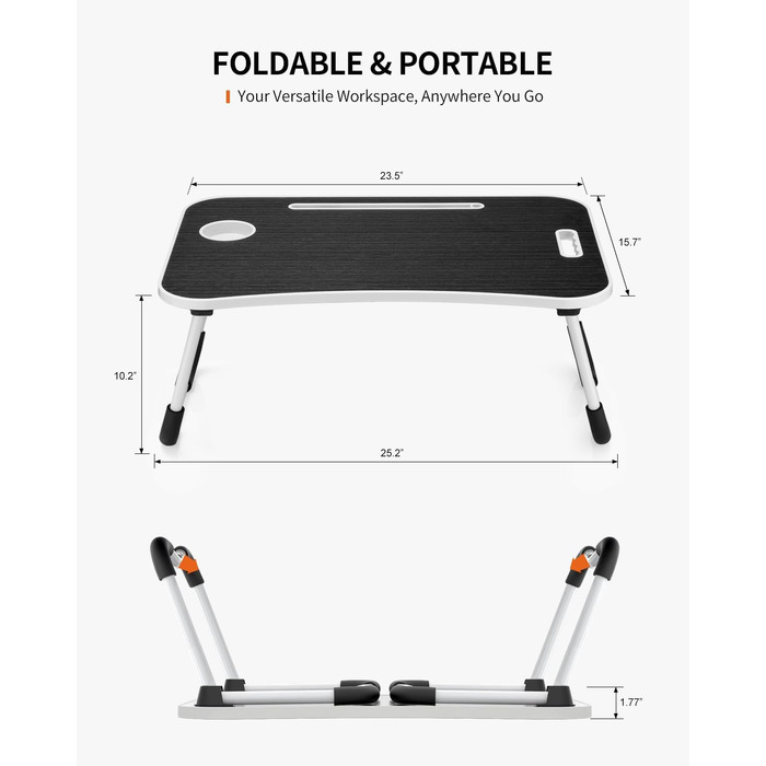 Складаний столик для ноутбука, портативний стіл на коліна, приліжкова тумбочка, підставка для ноутбука з тримачем для напоїв, слотом для планшета та ручкою для перенесення для роботи, письма, малювання та їжі (чорний)