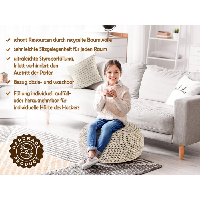 Пуф-подушка Ø55 H37 з мохеровим сидінням, пуф/табурет, можна прати та наповнювати, бежевий/білий