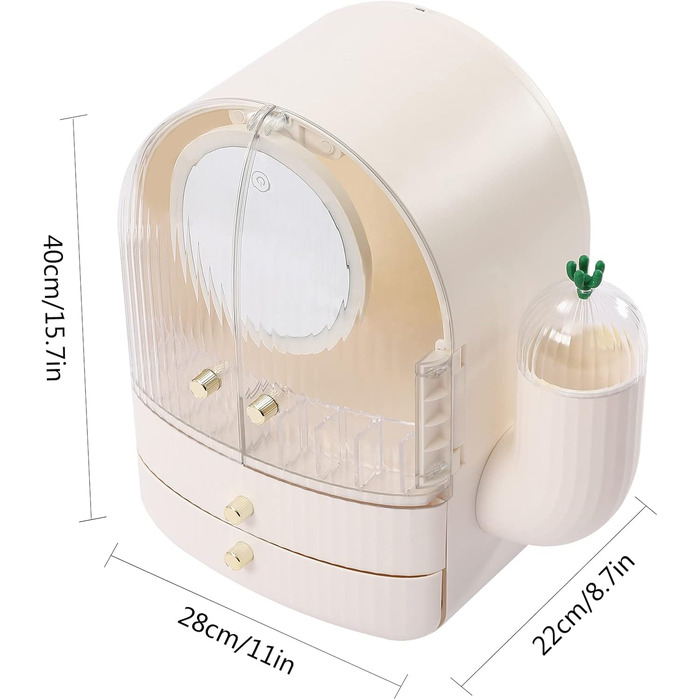 Органайзер для макіяжу, органайзер для макіяжу, органайзер для косметики, пилонепроникний з кришкою, з ручкою для перенесення органайзер для косметики, з 2 ящиками, світлодіодне підсвічування, дзеркало, білий
