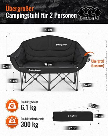Розкладний кемпінговий диван KingCamp (до 300 кг), розкішне розкладне кемпінгове крісло для 2 осіб, м&39який кемпінговий диван з підлокітниками, подвійне кемпінгове крісло з високою спинкою, 1-, 2- та 3-місна кемпінгова лавка для саду або балкону (L - чор