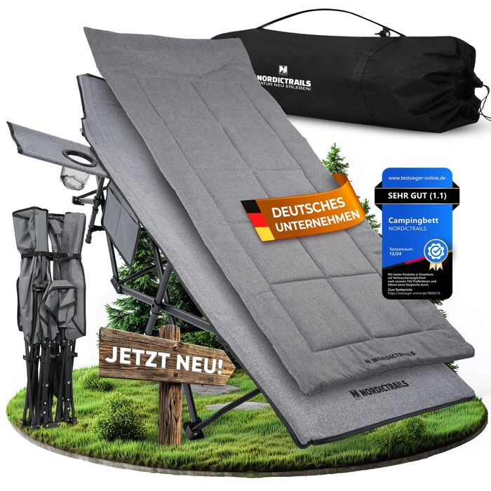 Складане кемпінгове ліжко XXL Зручний кемпінговий шезлонг Складане та легке для гостьового ліжка на вулиці, шезлонга, розкладного ліжка, шезлонга для риболовлі, кемпінгового ліжка для коропа з надм&39яким матрацом та подушкою сірого кольору
