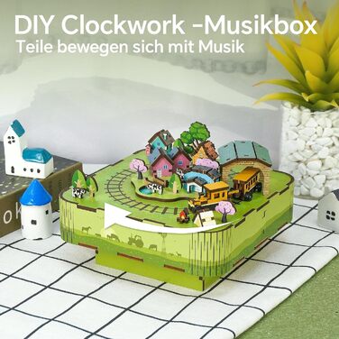 Музична скринька Tonecheer Дерев'яний 3D-пазл, набір моделей для сім'ї котів своїми руками для дорослих, обертова музична шкатулка, дерев'яні пазли Подарунки для прикраси будинку Подарунок на день народження Різдвяний підліток (співає на лузі)