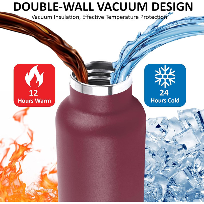 Пляшка для води з нержавіючої сталі, термос 750 мл, без BPA, ізольована пляшка з трубочкою, двостінна ізольована пляшка, герметична спортивна пляшка для води, для походів, фітнесу, йоги, кемпінгу, Rojo-negro 750 мл