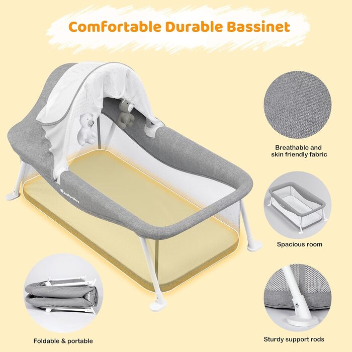 Дорожнє ліжечко Ezebaby, маленьке складне дитяче ліжечко з сумкою для зберігання, москітною сіткою та іграшками, підходить для дітей 0-5 місяців (сіре)