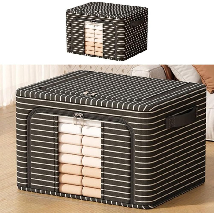 Компактний складний контейнер для зберігання зі сталевою опорною конструкцією та повітропроникною тканиною Оксфорд для економії місця (100 л, чорні смужки)