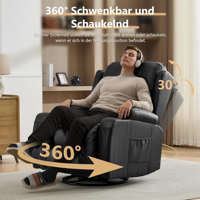 Крісло-гойдалка з функцією відкидання спинки, масажне крісло з функцією підігріву, крісло для телевізора з поворотом на 360 для вітальні, крісло-гойдалка з подушками/бічними кишенями/підстаканником (чорне)