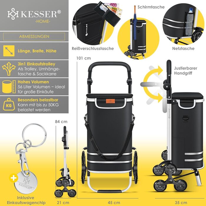 Багатофункціональний візок для покупок зі сходами, з термосумкою, складною конструкцією, місткістю 56л та вантажопідйомністю до 50кг 3-в-1 Візок-драбина, сумка-візок та сумка через плече Складаний візок для покупок з жетоном для покупок, чорний