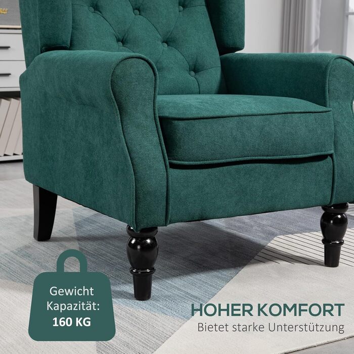 Крісло HOMCOM, крісло з відкидною спинкою та подушками, з м&39якою оббивкою, висока спинка, дерев&39яні ніжки, розслаблююче крісло для вітальні, спальні, темно-зелена тканина з імітацією льону