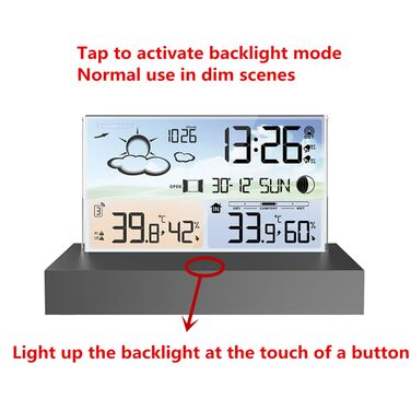 Бездротова метеостанція HJRUIUA з зовнішнім датчиком, попередженням про температуру, радіокерованим годинником - живлення від батареї та USB-кабелем, у прозорому скляному корпусі з дисплеєм, елегантна та сучасна