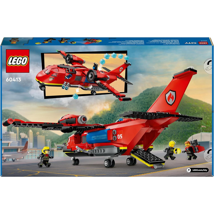 Пожежний літак LEGO City, пожежний набір з іграшковим літаком для дітей, будівельний набір з 3 фігурками пожежників та пожежним фоном, чудова ідея для подарунка для хлопчиків та дівчаток віком від 6 років 60413