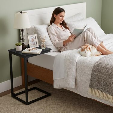 Набір з 2 приставних столиків AMHANCIBLE, журнальний столик C-подібної форми, стіл для вітальні з металевим каркасом, мобільний журнальний столик, журнальний столик-диван для кави та ноутбука, приставний столик для спальні, вітальні, чорний