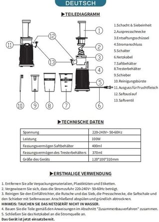 Соковижималка AOBOSI-Mini повільна соковижималка з функцією реверсивного жування, соковижималка електрична зі щіткою і багатофункціональна соковижималка для фруктів на 2 чашки, електрична соковижималка для фруктів. (45 ММ, чорний) 45 ММ Чорний