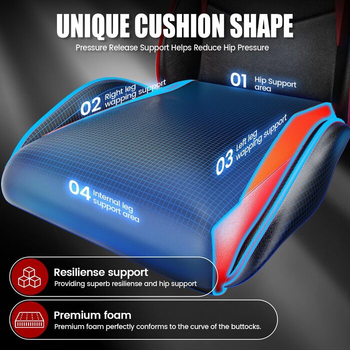 Геймерське крісло, зі штучної шкіри, ігрове крісло для ПК з підголівником та поперековою опорою, регульована висота та нахил, вантажопідйомність 130 кг, ергономічне геймерське крісло для ігор та офісного використання (чорне/червоне)