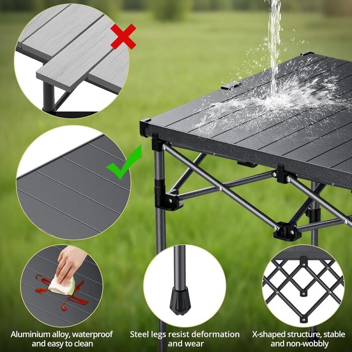 Стіл для кемпінгу Anbte, розкладний стіл 67x58 см (ДxШ), алюміній, стільниця, що згортається, з 2 рівнями висоти (44/70 см), X-подібна конструкція, вантажопідйомність до 150 кг, з сумкою для зберігання для пікніків, саду, балкону, 67 x 58 x 44/70 см