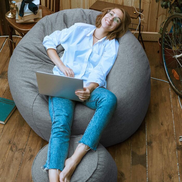 Пуф-мішок Lumaland (50 л) Компактний крісло-мішок з функцією 3-в-1 зручний стілець, практичний бічний столик та стильна підставка для ніг З гнучким наповнювачем з пінополістиролу Ø 25 x 45 см Світло-сірий