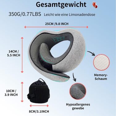 Дорожня подушка Dreamjoys для літаків, подушка для шиї для подорожей, дорожня подушка, подушка для літака, дорожня подушка з піни з ефектом пам&39яті, подушка для сну для літаків, ідеально підходить для подорожей автомобілем або поїздом, світло-сіра - 1.0